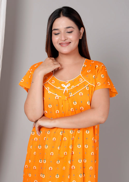 Women’s Pure Cotton Maxi Nighty – Soft Printed Night Dress for Daily Comfort (Yellow)