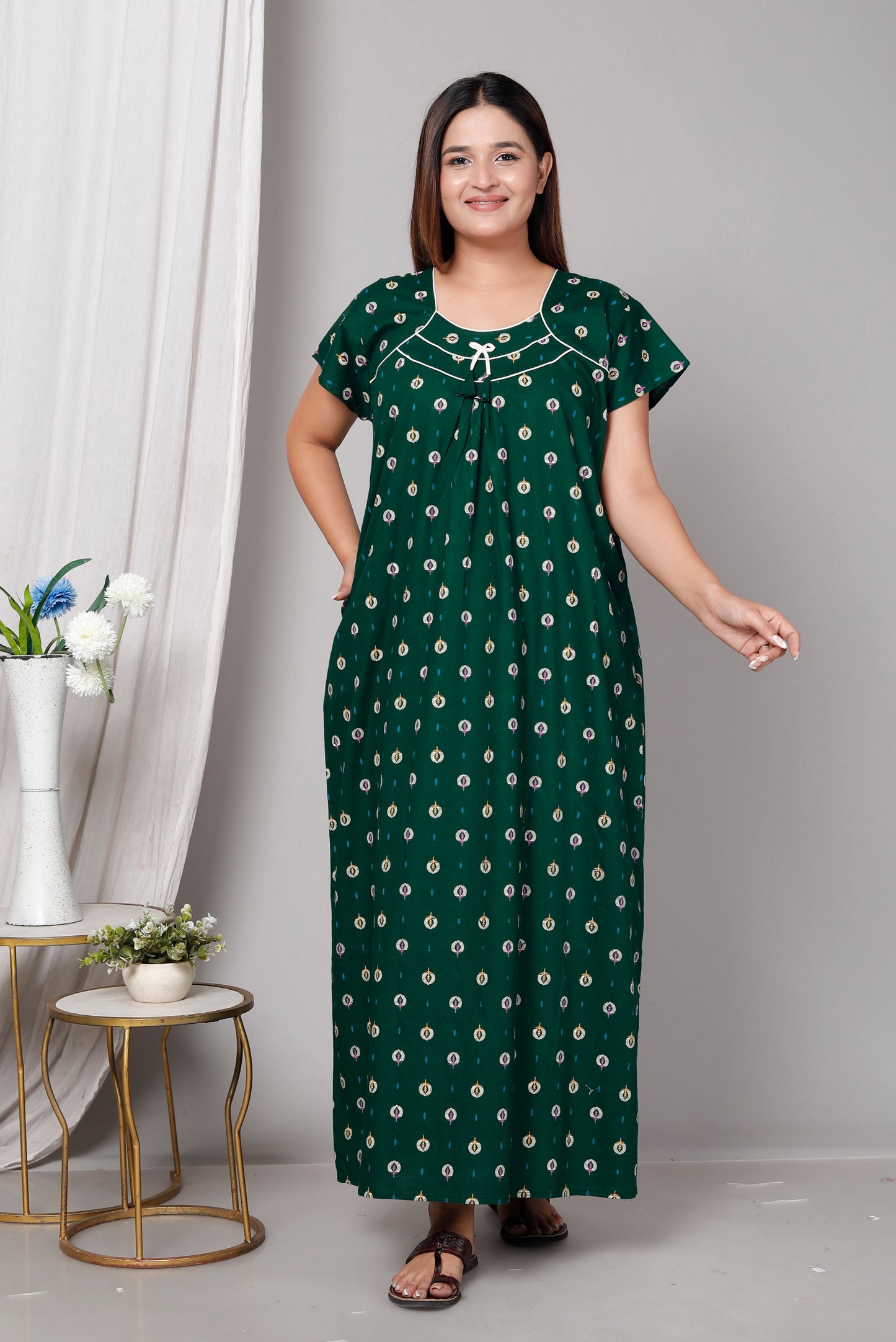 Women’s Pure Cotton Maxi Nighty – Soft Printed Night Dress for Daily Comfort (Green)
