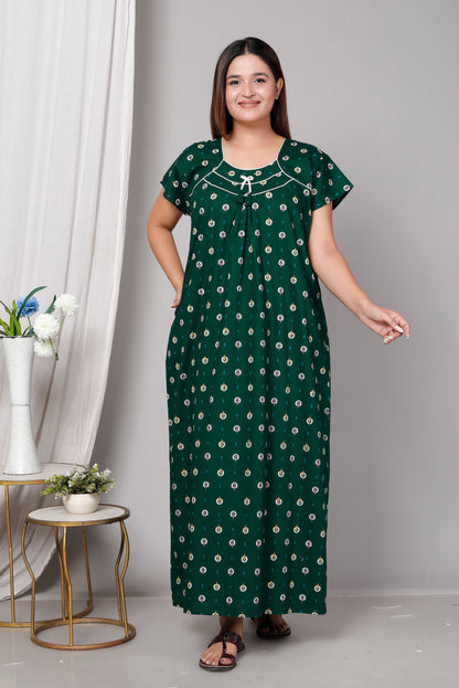 Women’s Pure Cotton Maxi Nighty – Soft Printed Night Dress for Daily Comfort (Green)
