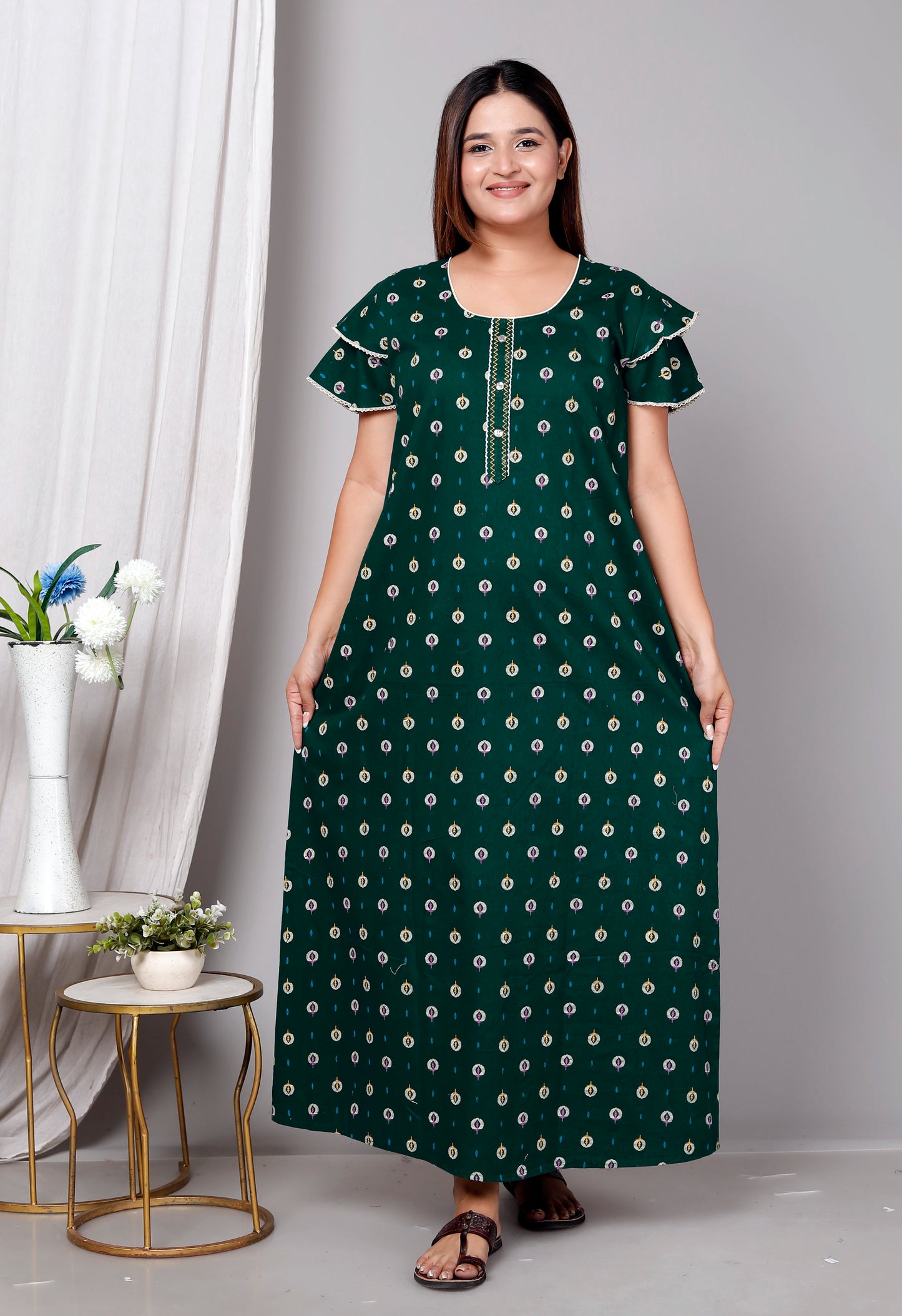 Dark Green Pure Cotton Printed Nighty Maxi with Side Pocket | Soft & Breathable Women’s Nightgown