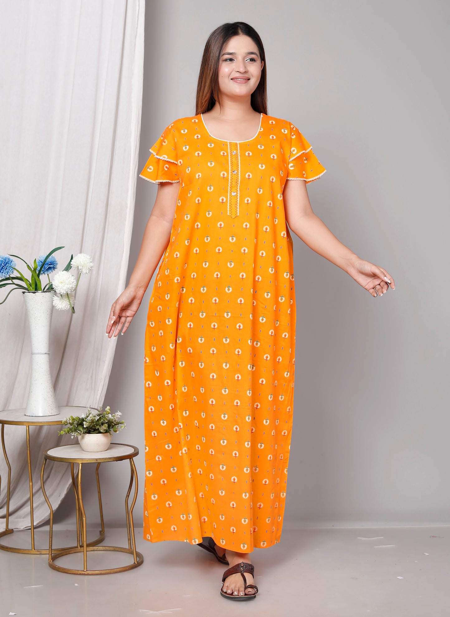 Bright Yellow Pure Cotton Printed Nighty Maxi with Side Pocket | Soft & Breathable Women’s Nightgown