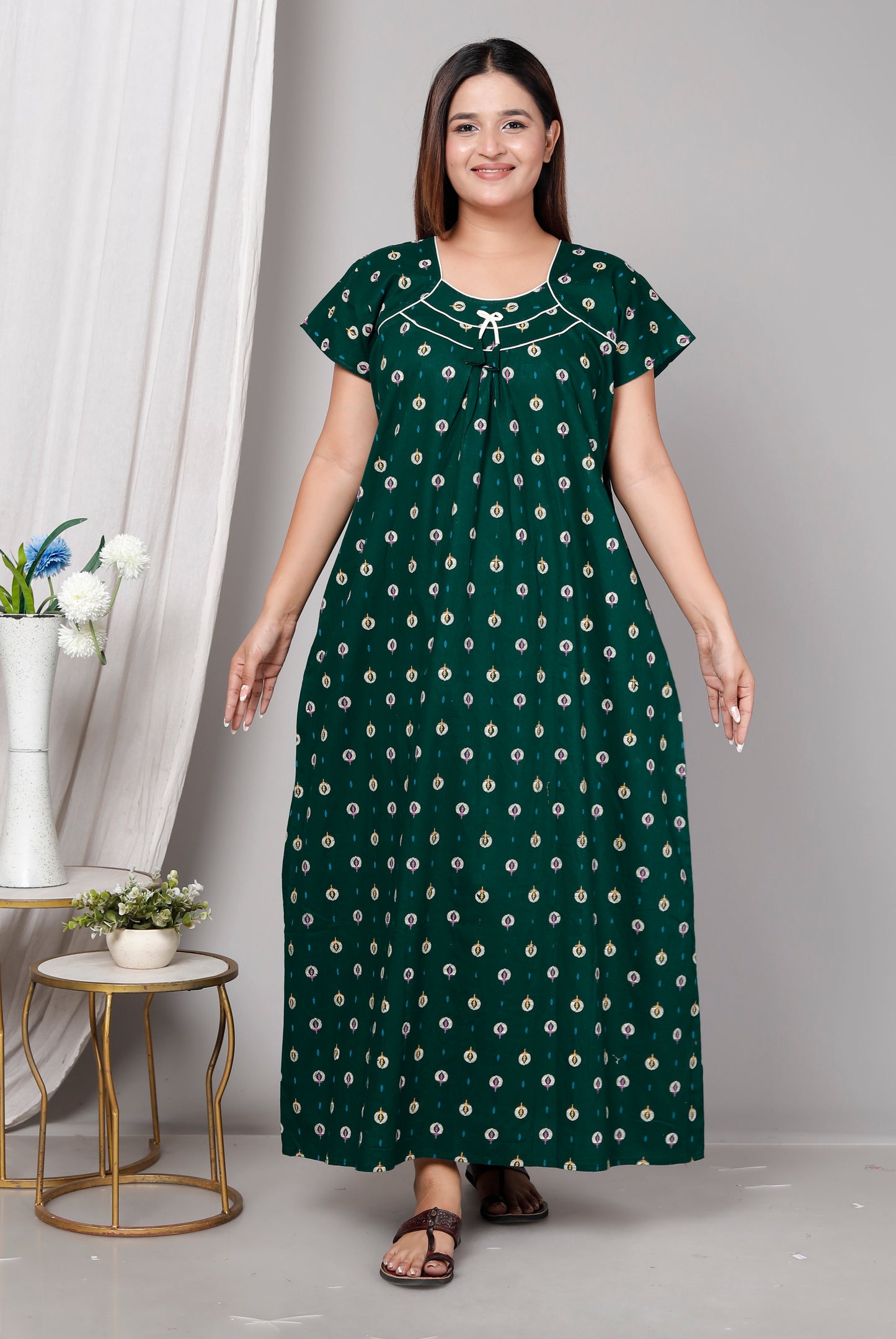 Women’s Pure Cotton Maxi Nighty – Soft Printed Night Dress for Daily Comfort (Green)