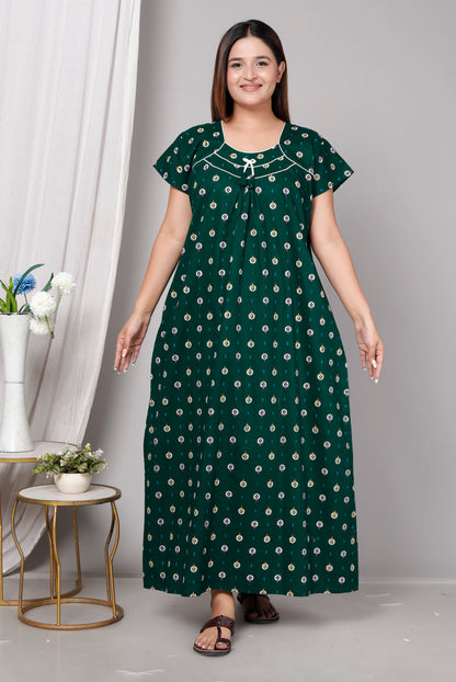 Women’s Pure Cotton Maxi Nighty – Soft Printed Night Dress for Daily Comfort (Green)