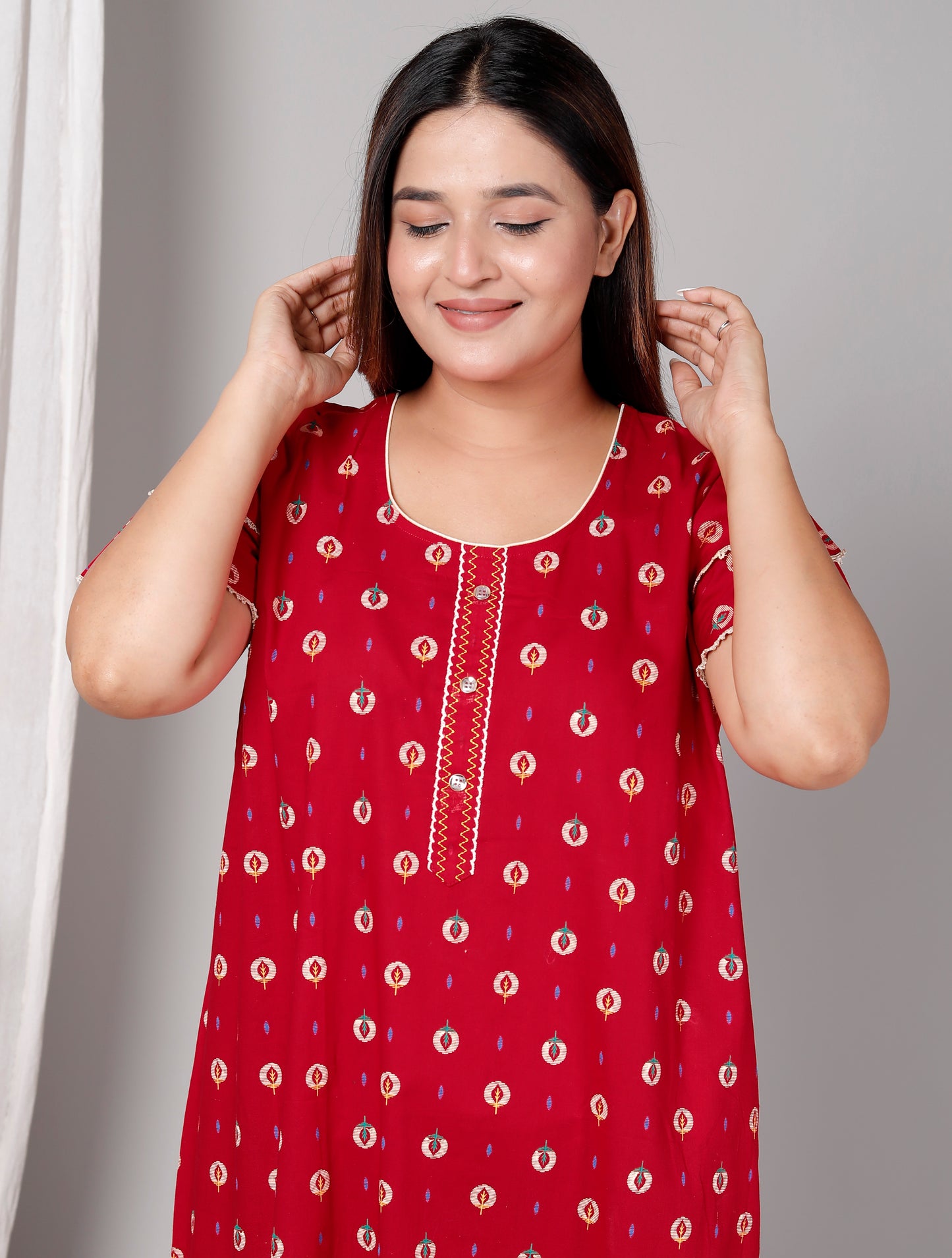 Deep Red Pure Cotton Printed Nighty Maxi with Side Pocket | Soft & Breathable Women’s Nightgown