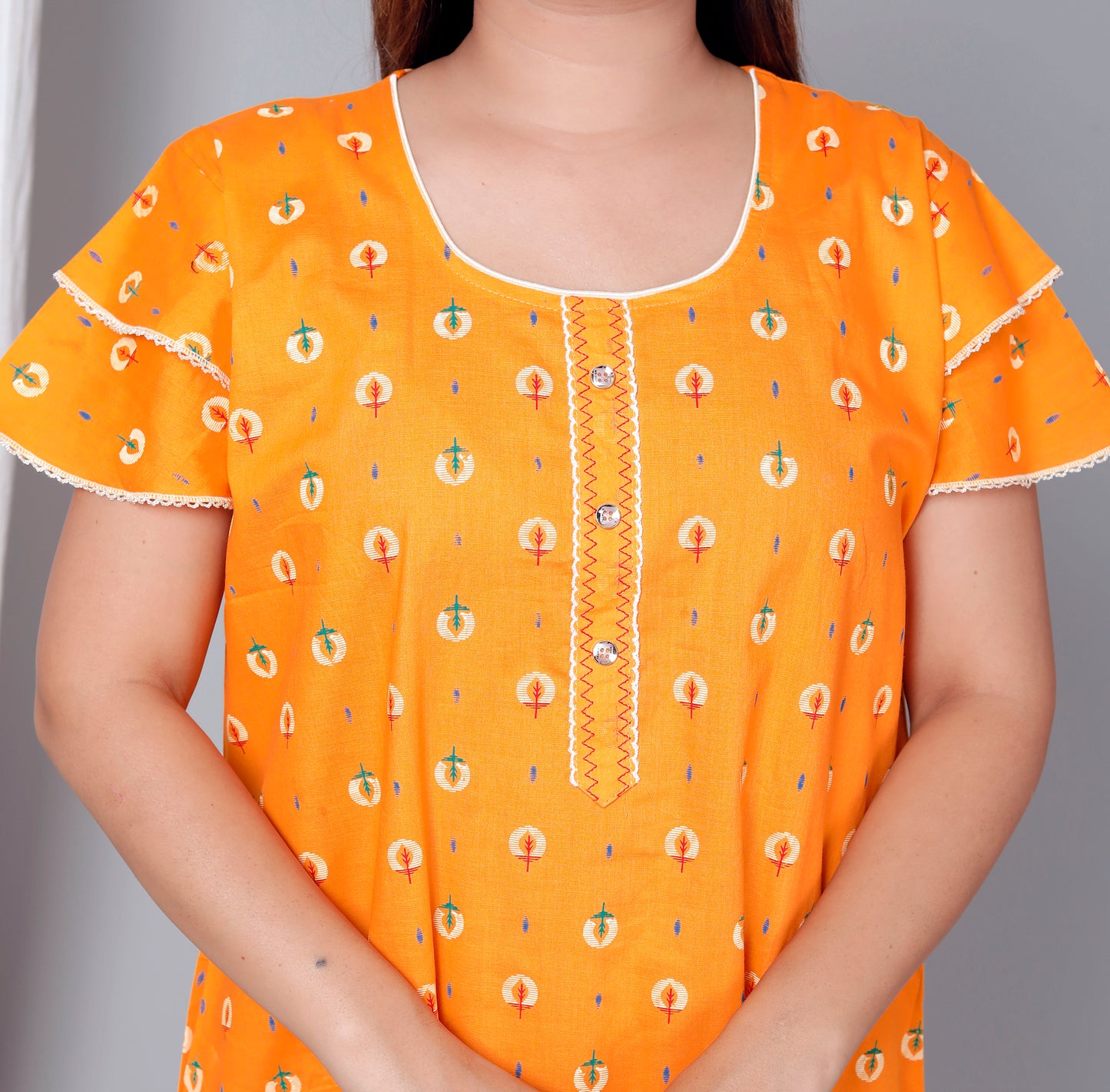 Bright Yellow Pure Cotton Printed Nighty Maxi with Side Pocket | Soft & Breathable Women’s Nightgown