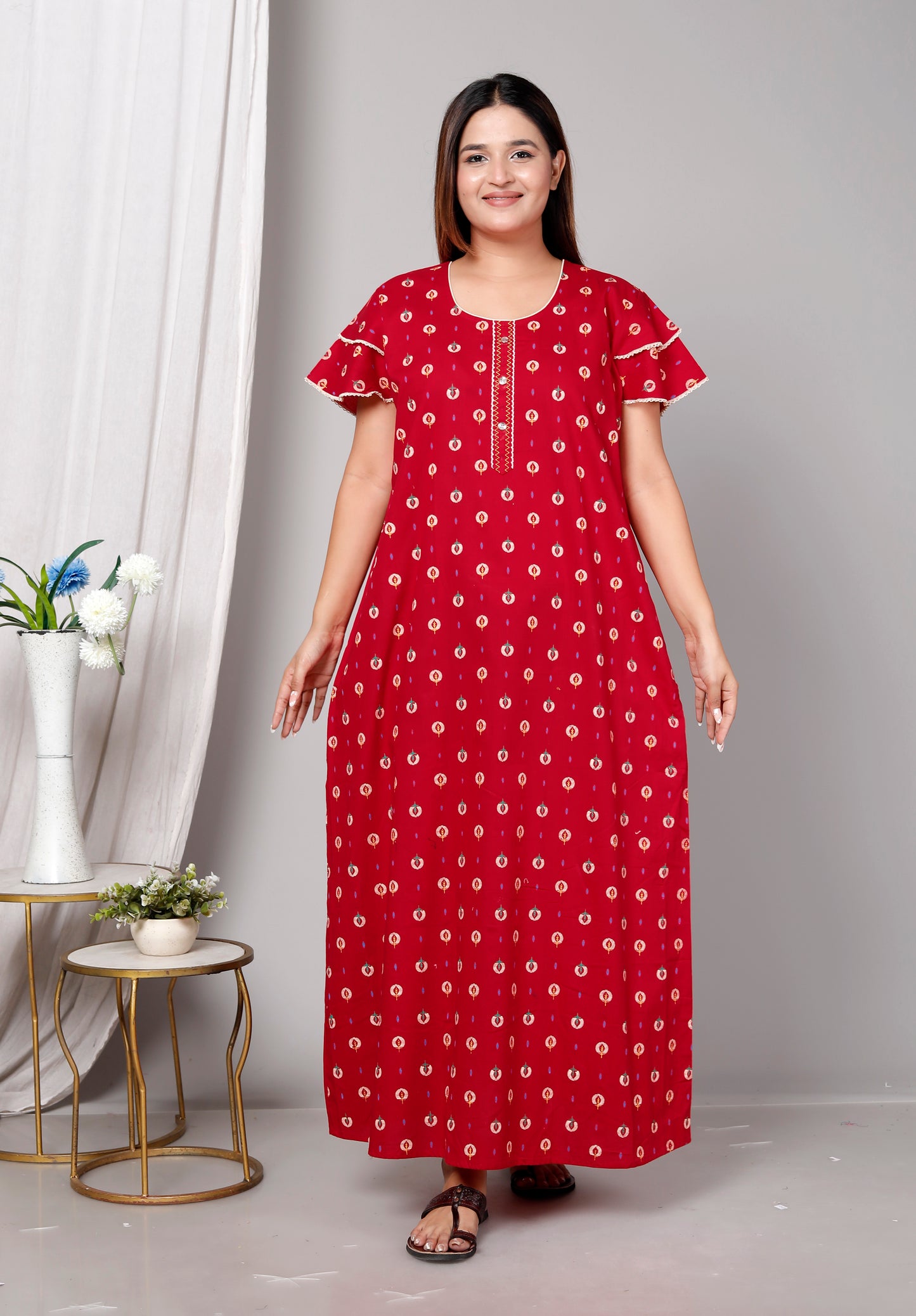 Deep Red Pure Cotton Printed Nighty Maxi with Side Pocket | Soft & Breathable Women’s Nightgown