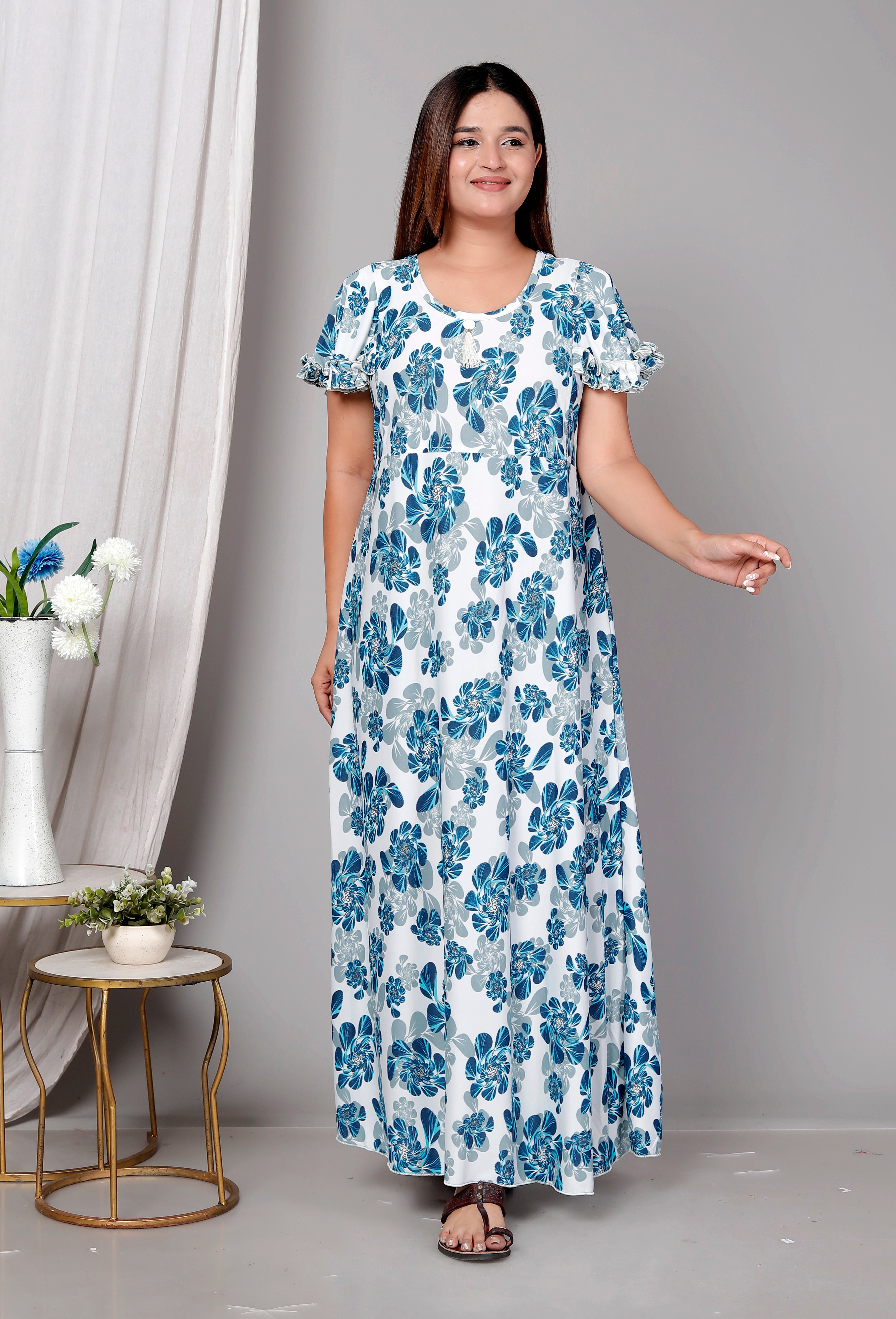 Premium Sarina Frock Style Nightgown for Women – Blue Floral Print, Full Length, Soft & Stylish Sleepwear