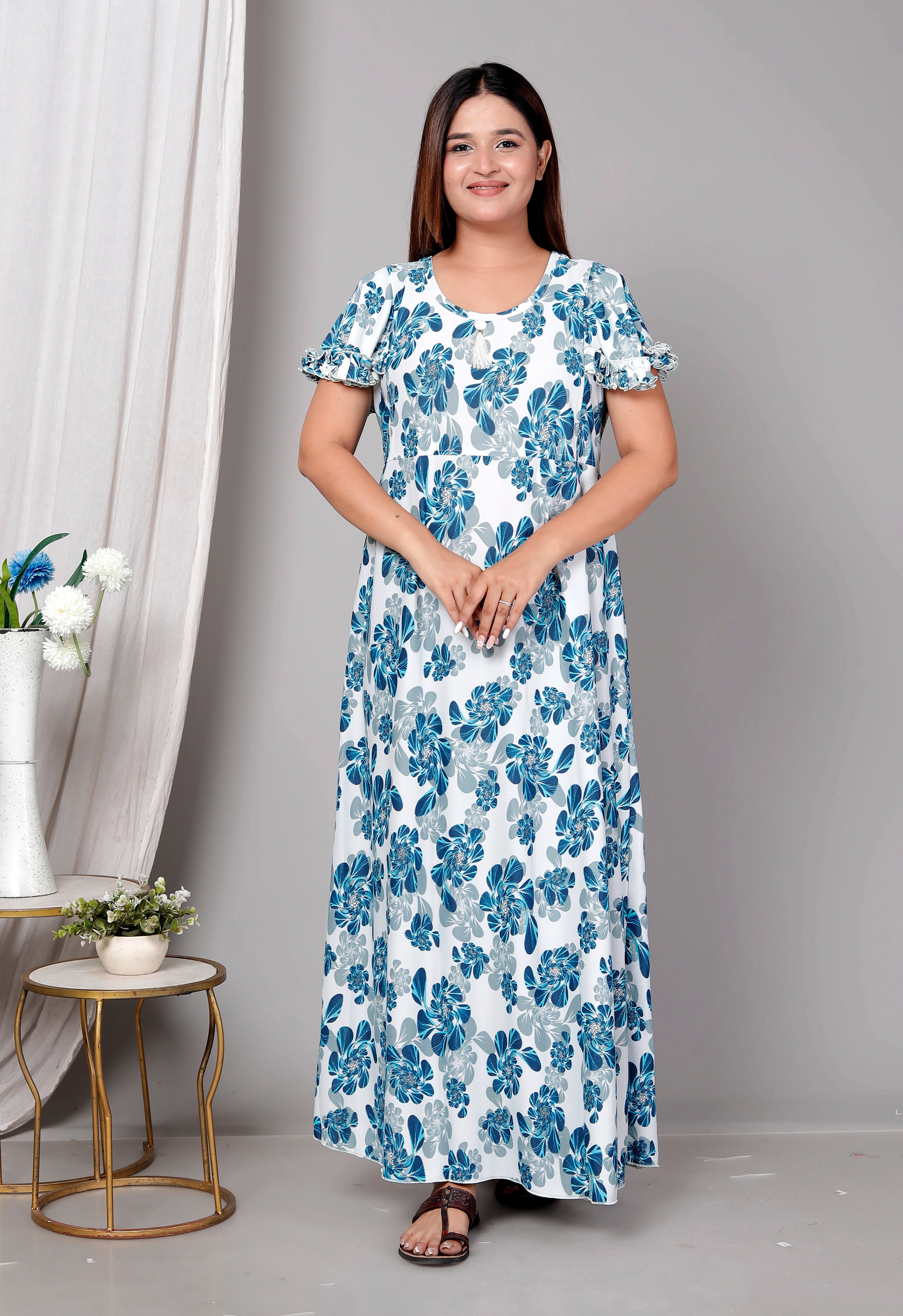 Premium Sarina Frock Style Nightgown for Women – Blue Floral Print, Full Length, Soft & Stylish Sleepwear