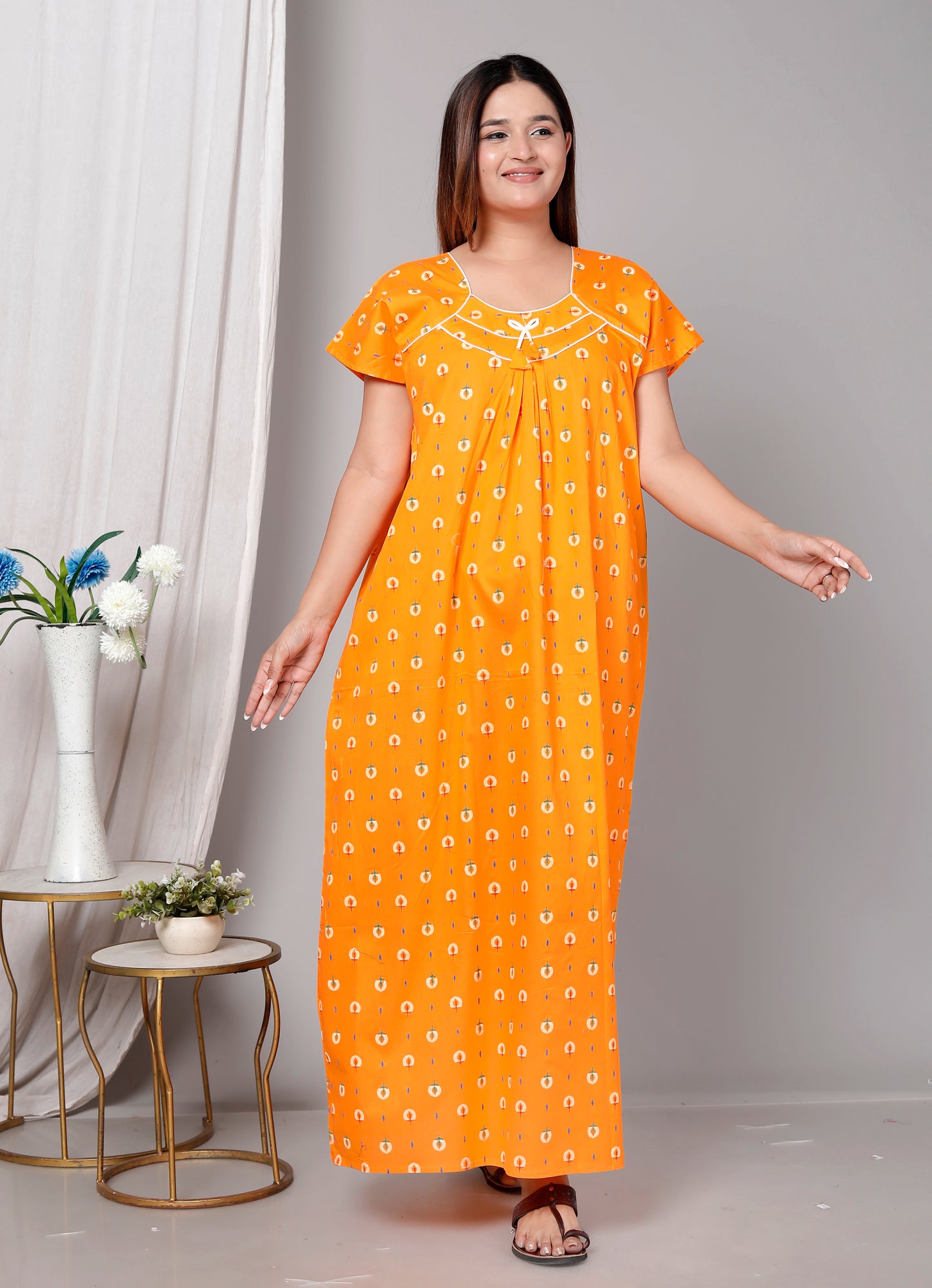 Women’s Pure Cotton Maxi Nighty – Soft Printed Night Dress for Daily Comfort (Yellow)