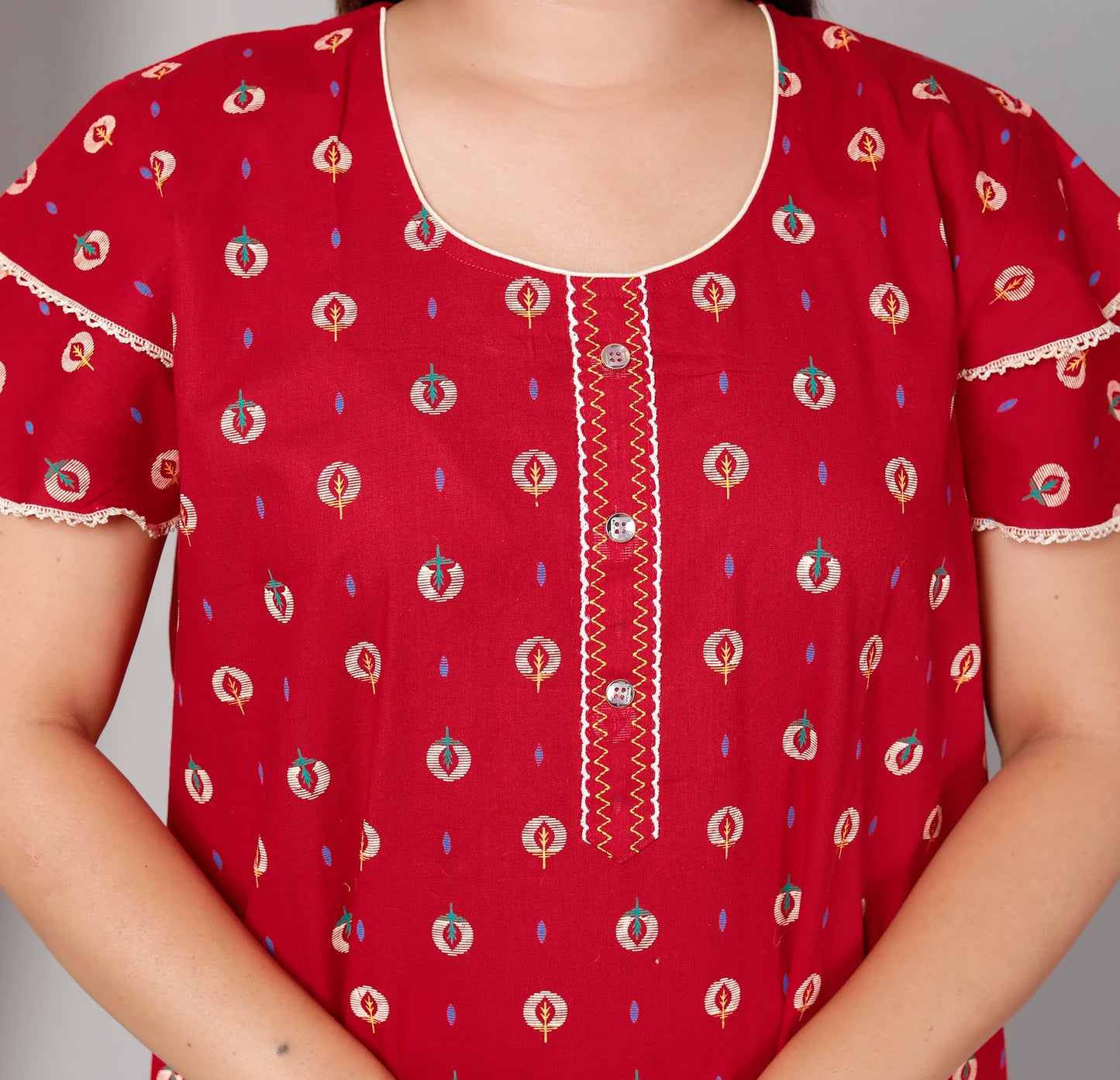 Deep Red Pure Cotton Printed Nighty Maxi with Side Pocket | Soft & Breathable Women’s Nightgown