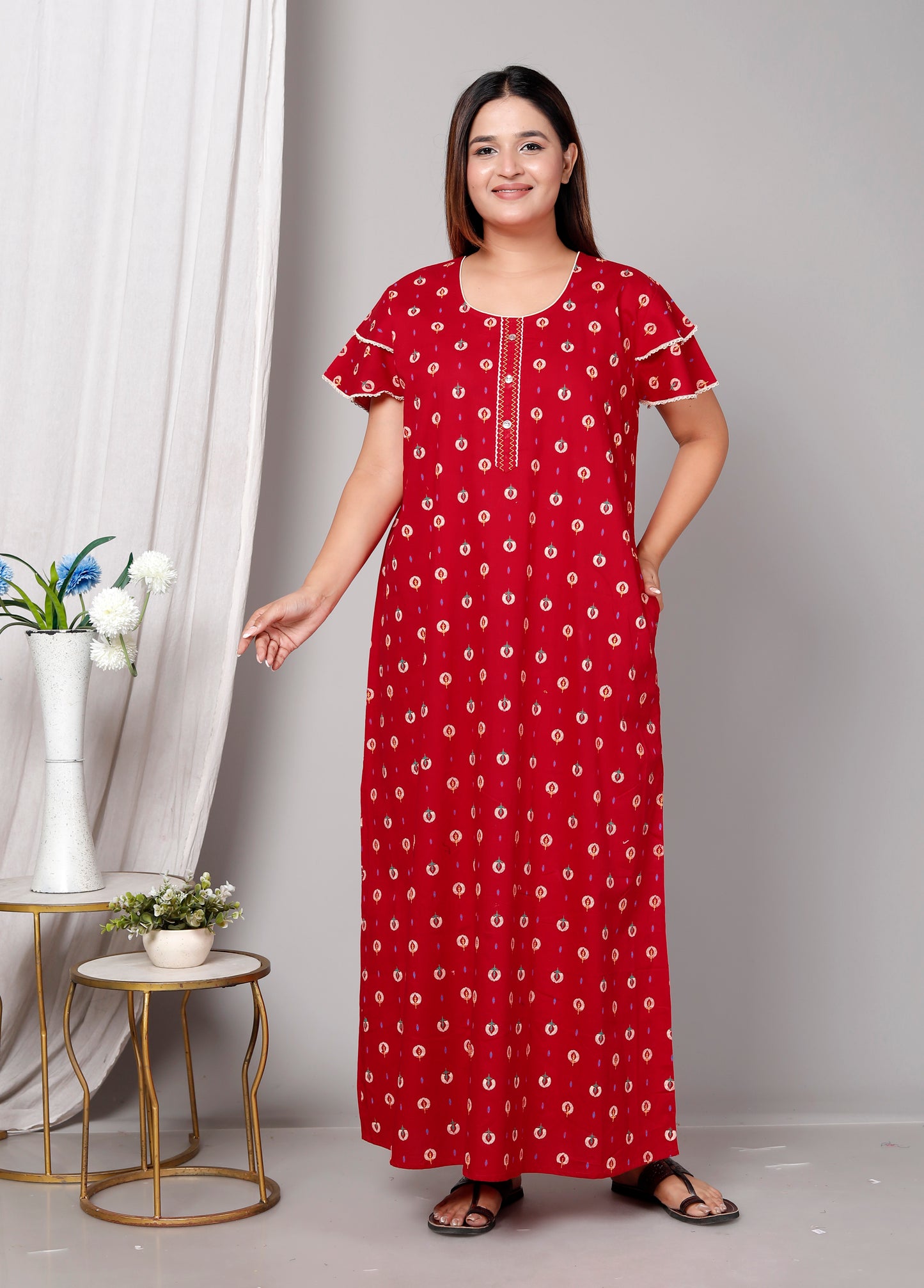 Deep Red Pure Cotton Printed Nighty Maxi with Side Pocket | Soft & Breathable Women’s Nightgown