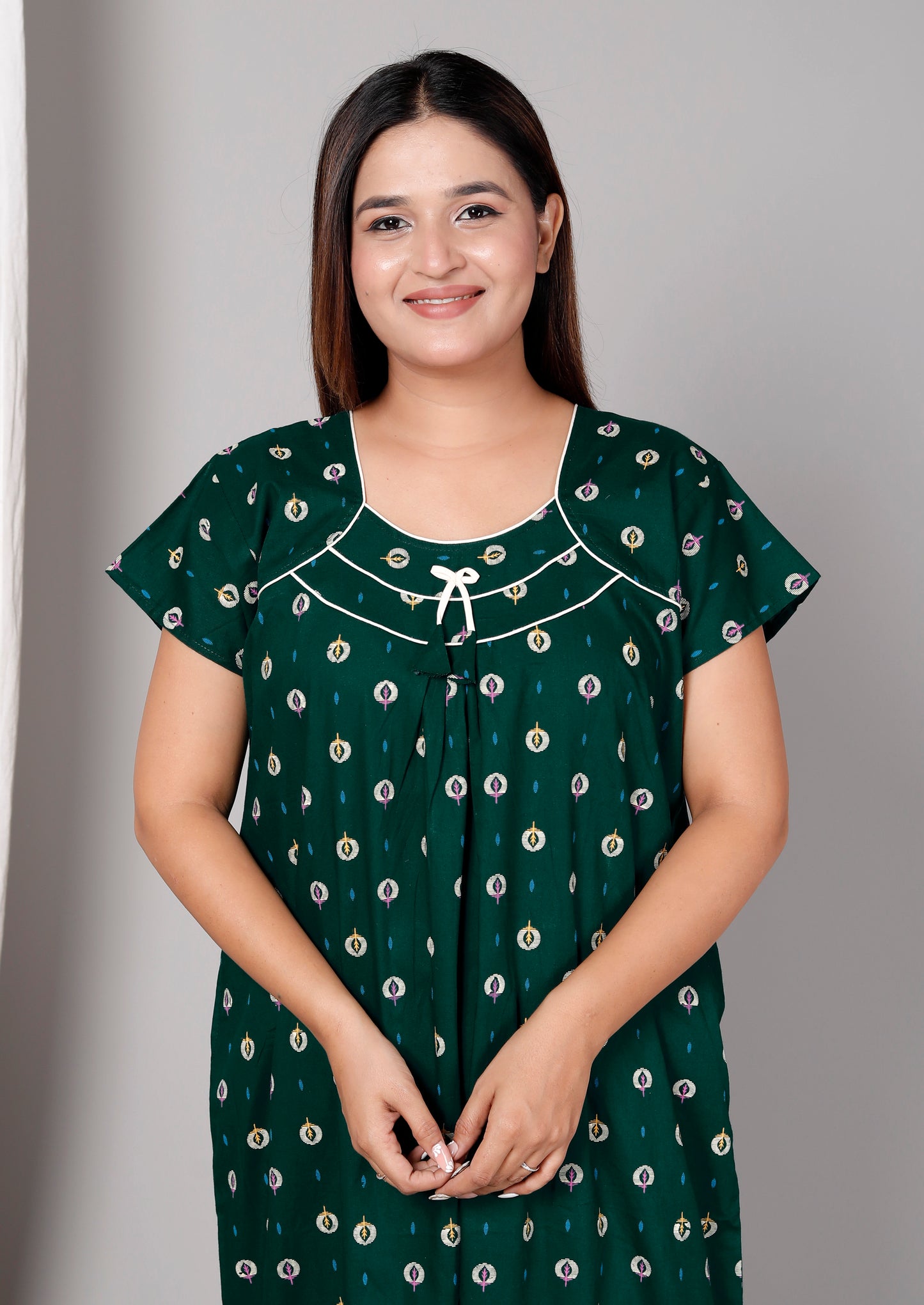 Women’s Pure Cotton Maxi Nighty – Soft Printed Night Dress for Daily Comfort (Green)