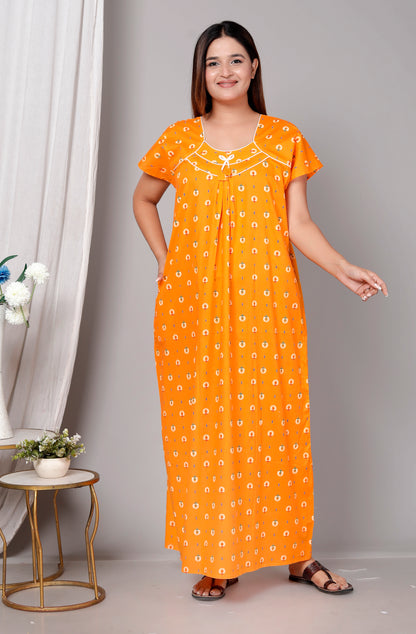 Women’s Pure Cotton Maxi Nighty – Soft Printed Night Dress for Daily Comfort (Yellow)