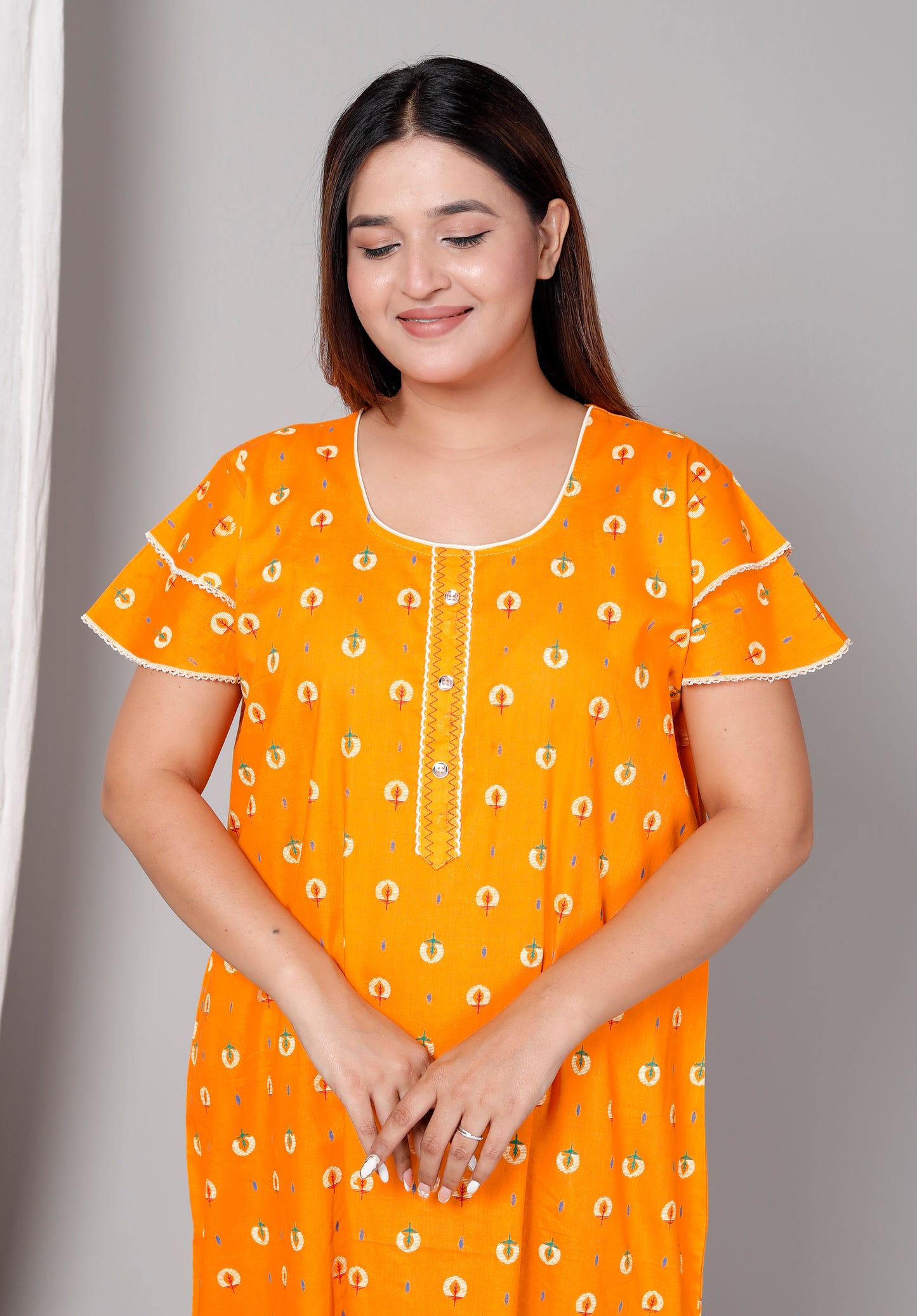 Bright Yellow Pure Cotton Printed Nighty Maxi with Side Pocket | Soft & Breathable Women’s Nightgown