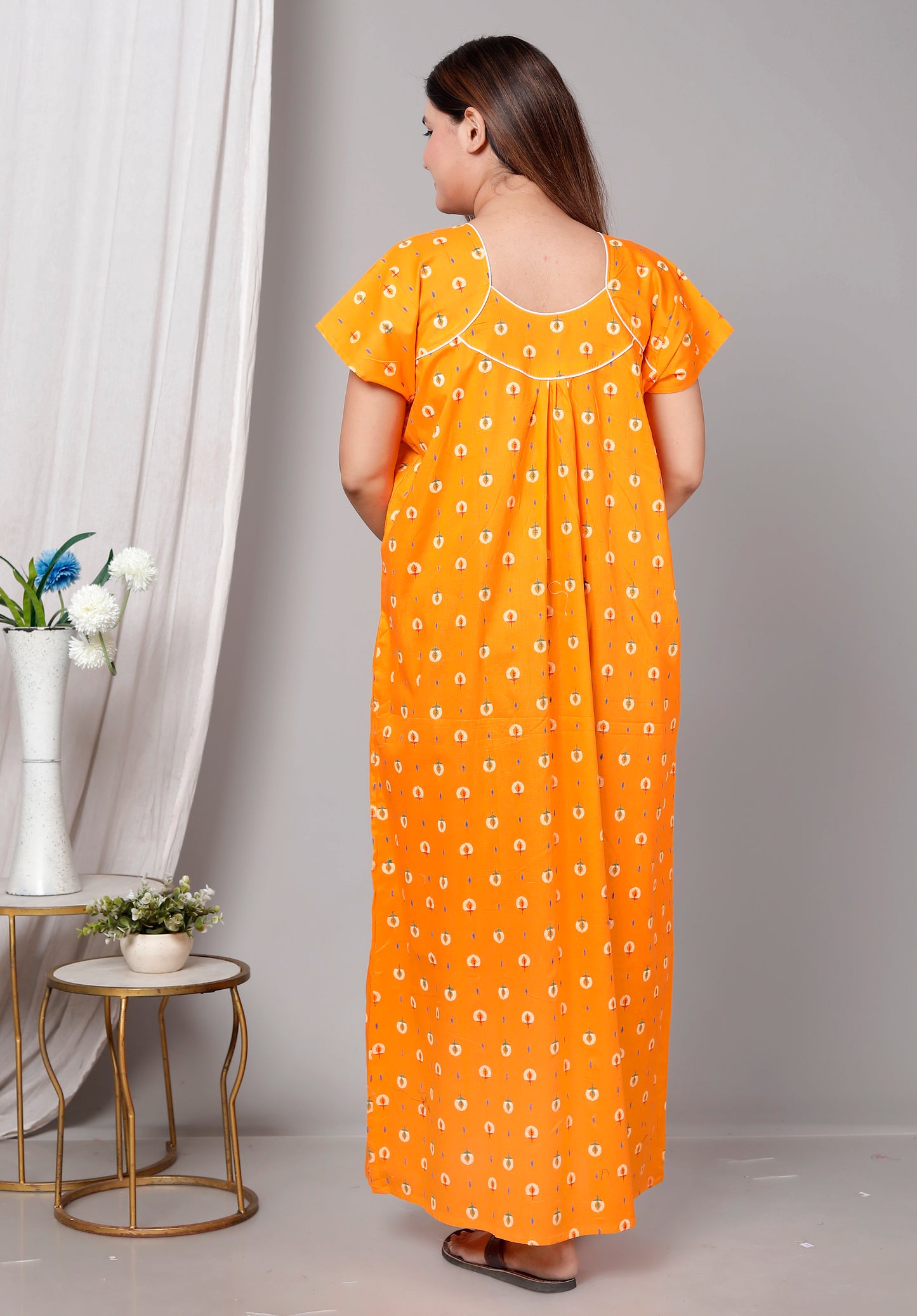 Women’s Pure Cotton Maxi Nighty – Soft Printed Night Dress for Daily Comfort (Yellow)