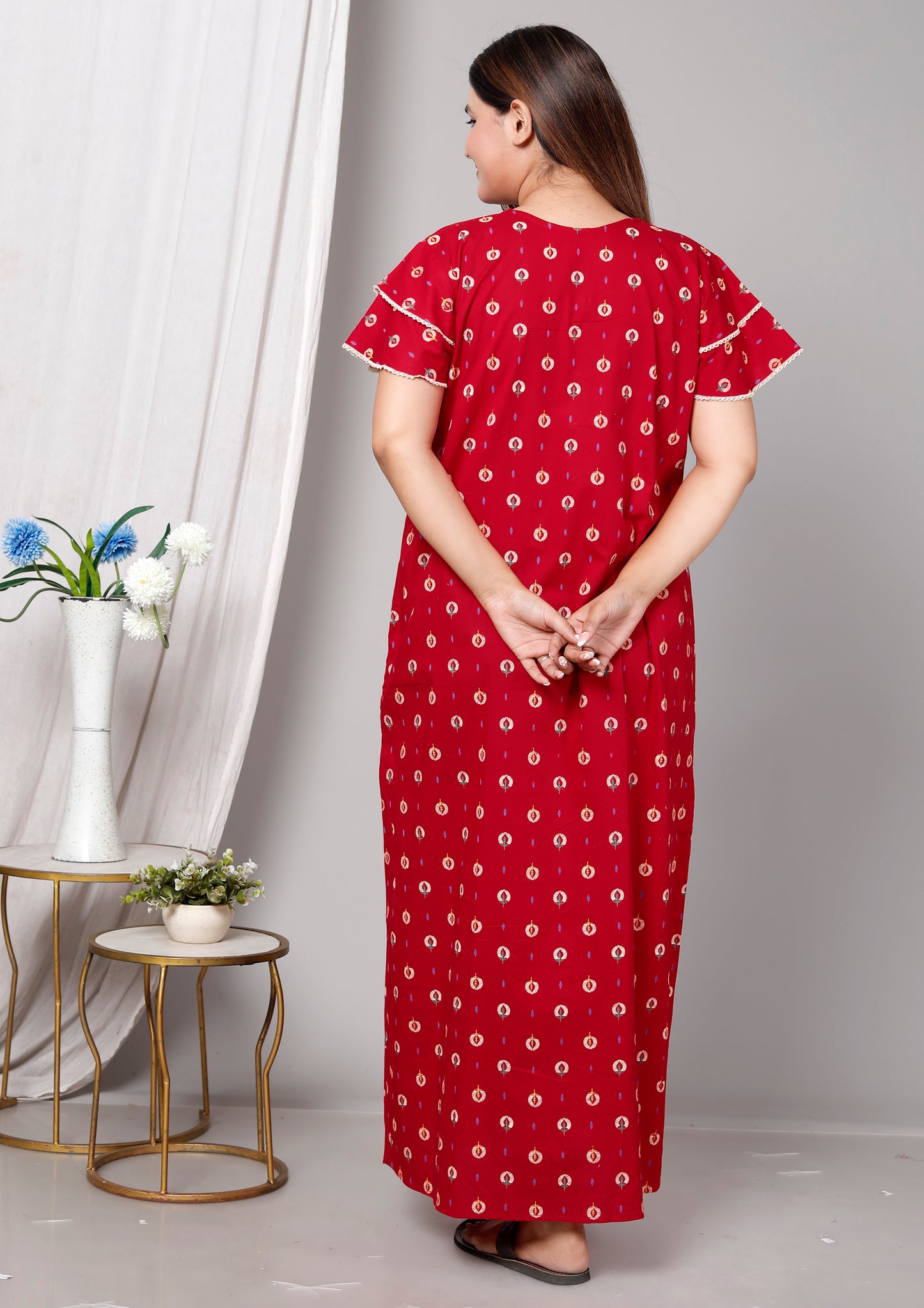 Deep Red Pure Cotton Printed Nighty Maxi with Side Pocket | Soft & Breathable Women’s Nightgown