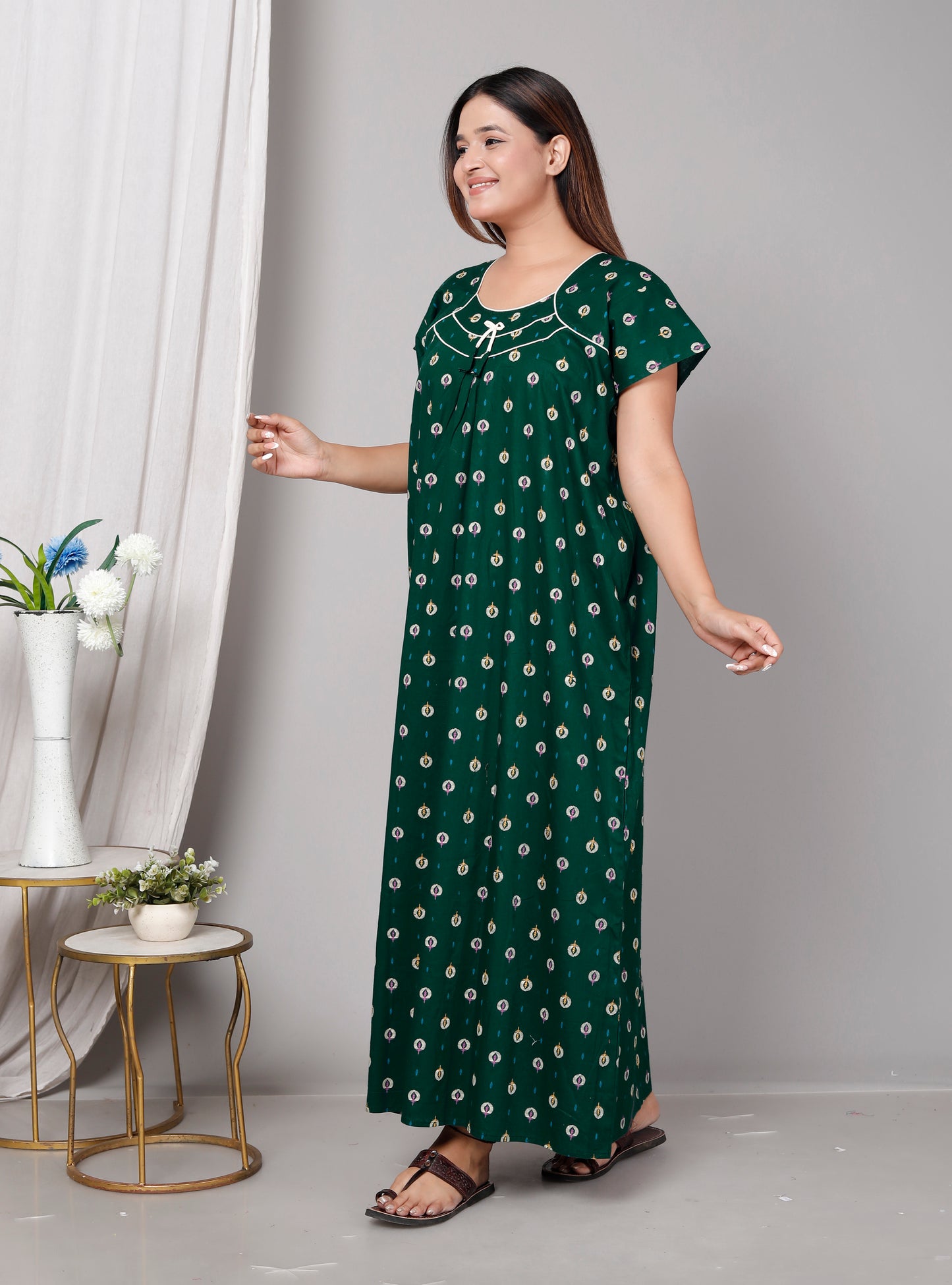 Women’s Pure Cotton Maxi Nighty – Soft Printed Night Dress for Daily Comfort (Green)