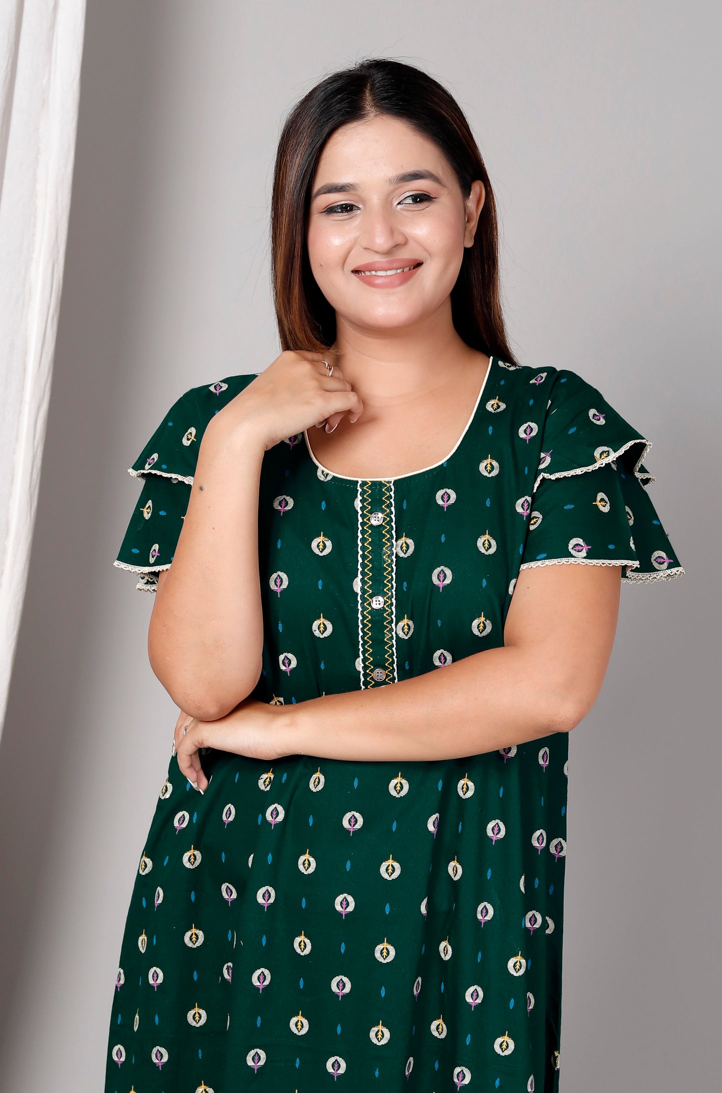 Dark Green Pure Cotton Printed Nighty Maxi with Side Pocket | Soft & Breathable Women’s Nightgown