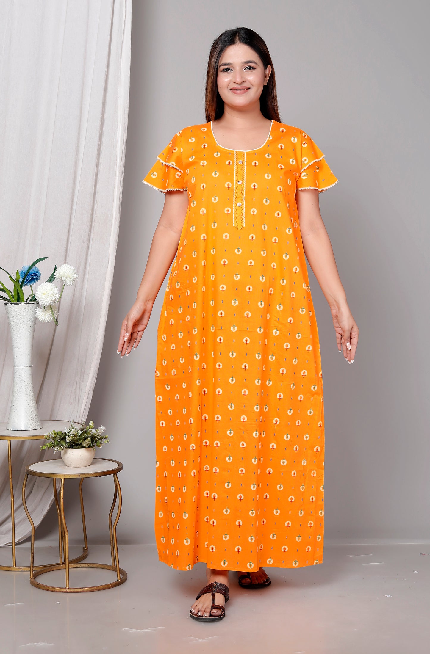 Bright Yellow Pure Cotton Printed Nighty Maxi with Side Pocket | Soft & Breathable Women’s Nightgown