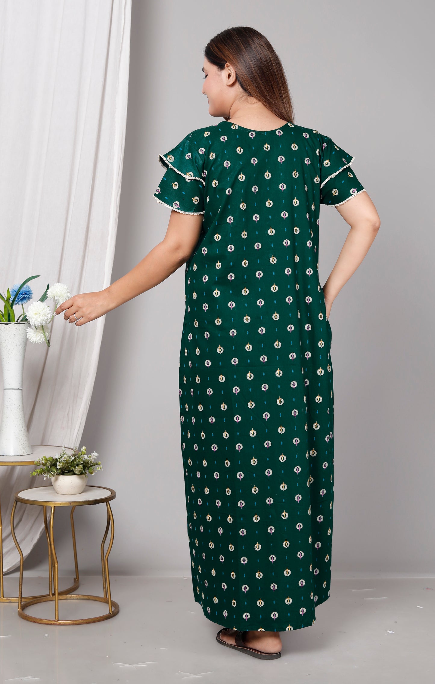 Dark Green Pure Cotton Printed Nighty Maxi with Side Pocket | Soft & Breathable Women’s Nightgown
