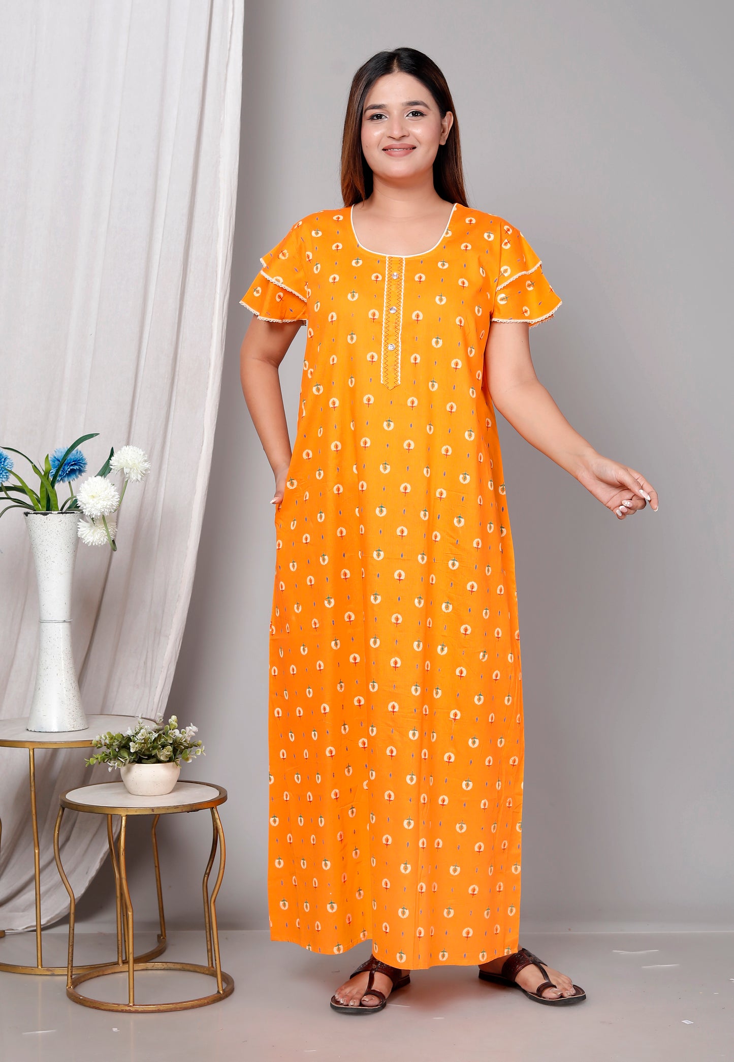 Bright Yellow Pure Cotton Printed Nighty Maxi with Side Pocket | Soft & Breathable Women’s Nightgown