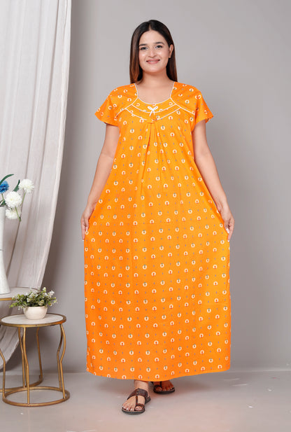 Women’s Pure Cotton Maxi Nighty – Soft Printed Night Dress for Daily Comfort (Yellow)