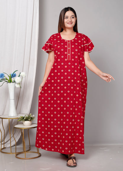 Deep Red Pure Cotton Printed Nighty Maxi with Side Pocket | Soft & Breathable Women’s Nightgown