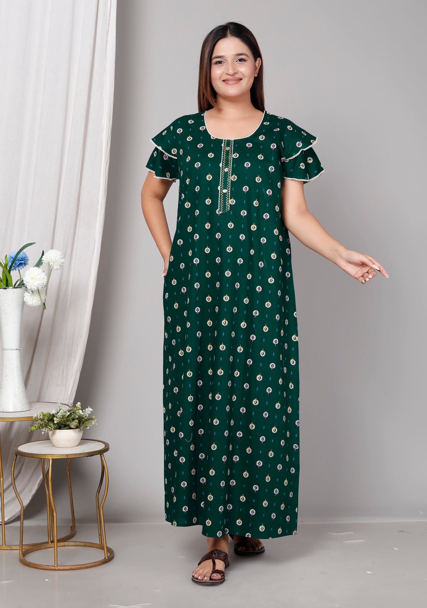 Dark Green Pure Cotton Printed Nighty Maxi with Side Pocket | Soft & Breathable Women’s Nightgown