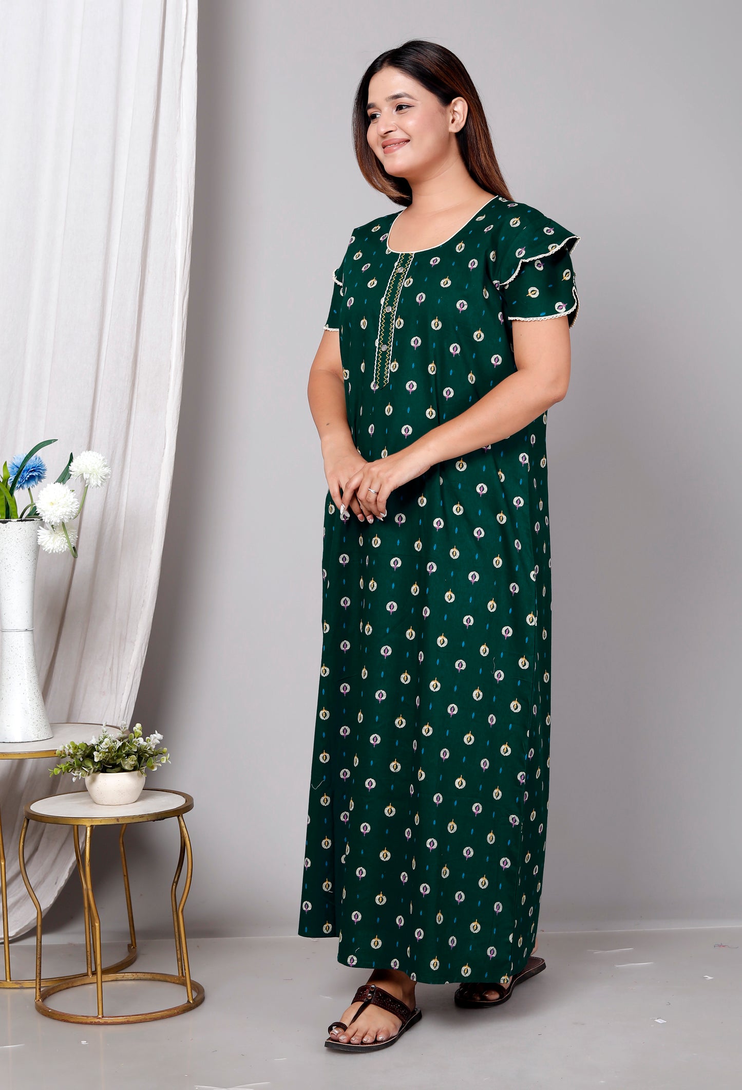 Dark Green Pure Cotton Printed Nighty Maxi with Side Pocket | Soft & Breathable Women’s Nightgown