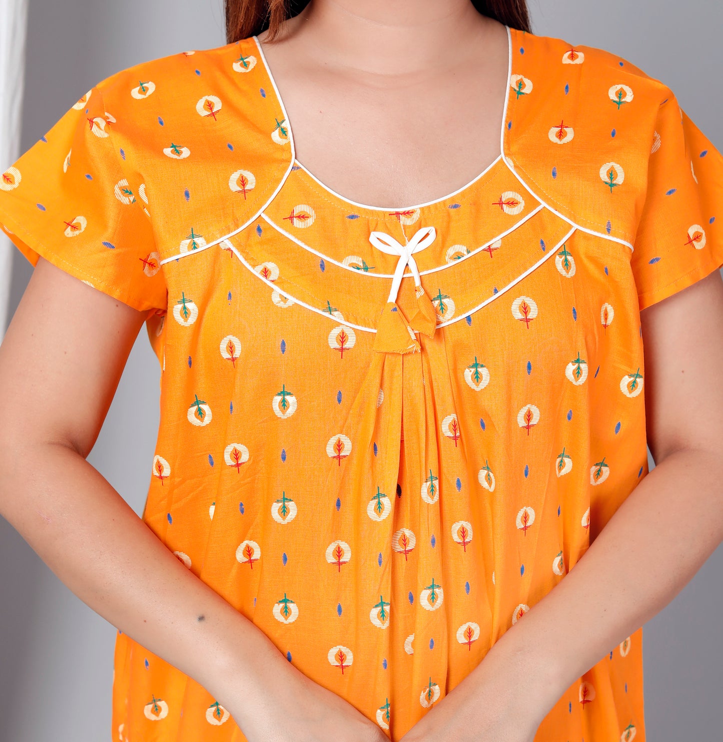 Women’s Pure Cotton Maxi Nighty – Soft Printed Night Dress for Daily Comfort (Yellow)