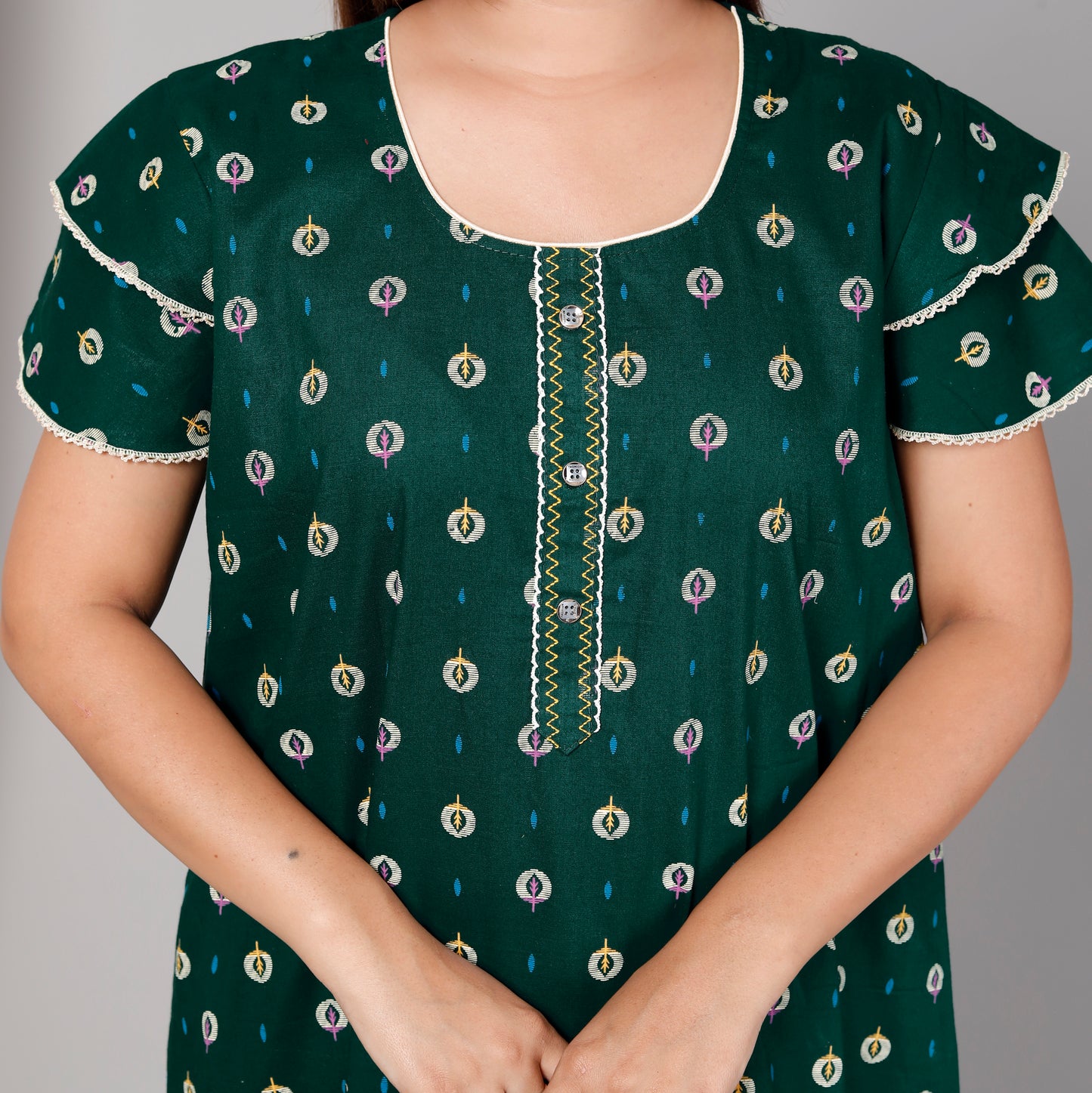 Dark Green Pure Cotton Printed Nighty Maxi with Side Pocket | Soft & Breathable Women’s Nightgown