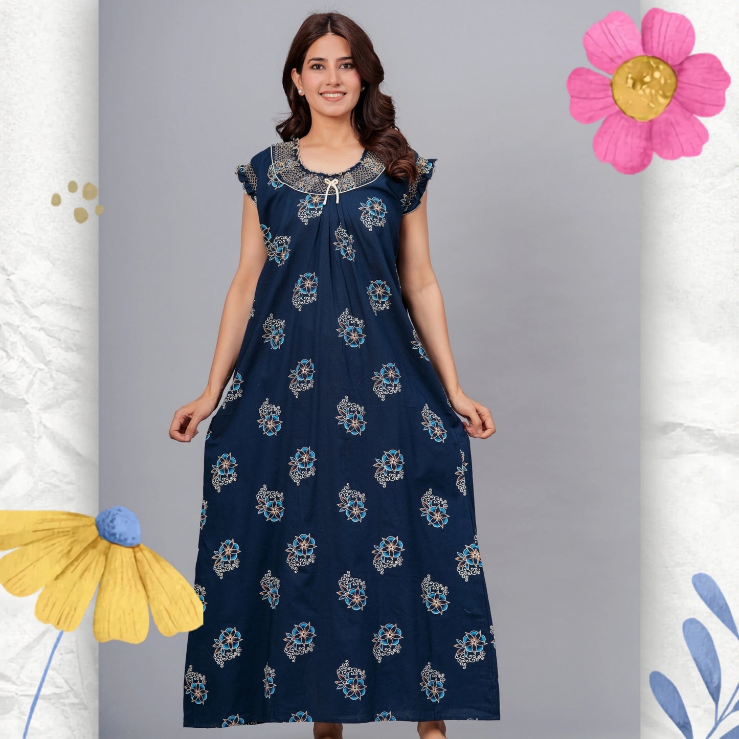 HARGUN NIGHT WEAR Cotton Nightgown for Women | Stylish Nighty Maxi Nightwear Floral Gown for Women Night Wear with Pocket (Navy Blue, XL)