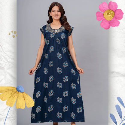 HARGUN NIGHT WEAR Cotton Nightgown for Women | Stylish Nighty Maxi Nightwear Floral Gown for Women Night Wear with Pocket (Navy Blue, XL)