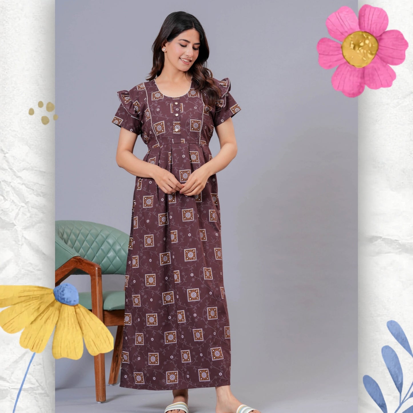HARGUN NIGHT WEAR Women's Cotton Maxi Nighty, Printed, Ruffle Sleeves, Round Neck, All Day Comfort (Brown, XL)