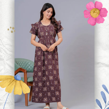 HARGUN NIGHT WEAR Women's Cotton Maxi Nighty, Printed, Ruffle Sleeves, Round Neck, All Day Comfort (Brown, XL)