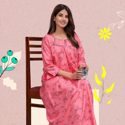 Cotton Full Sleeves Nightgown for Women(Baby Pink, XL)