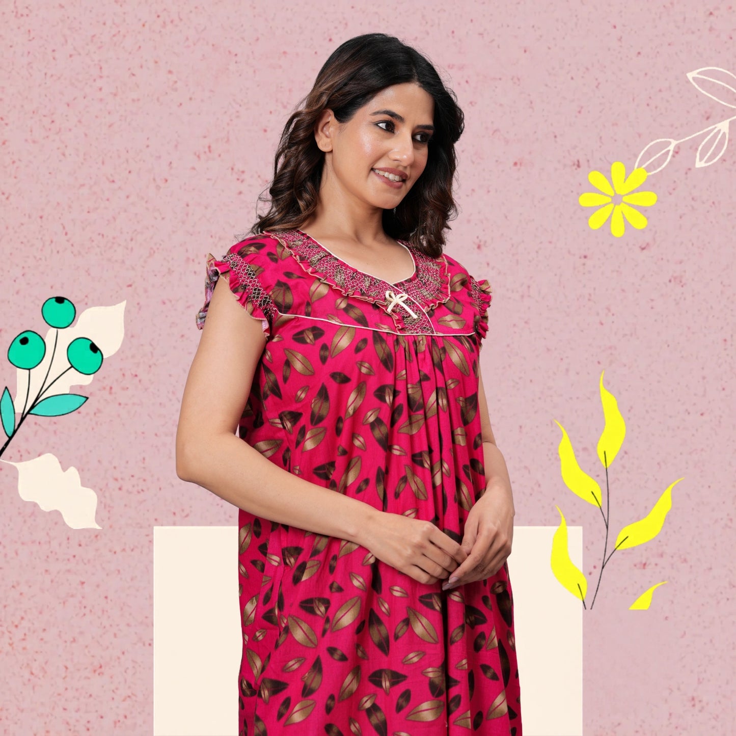 HARGUN NIGHT WEAR Women's Elegant Cotton Nightgown with Pocket & Embroidered Neck Design (Raani Pink, Free Size)