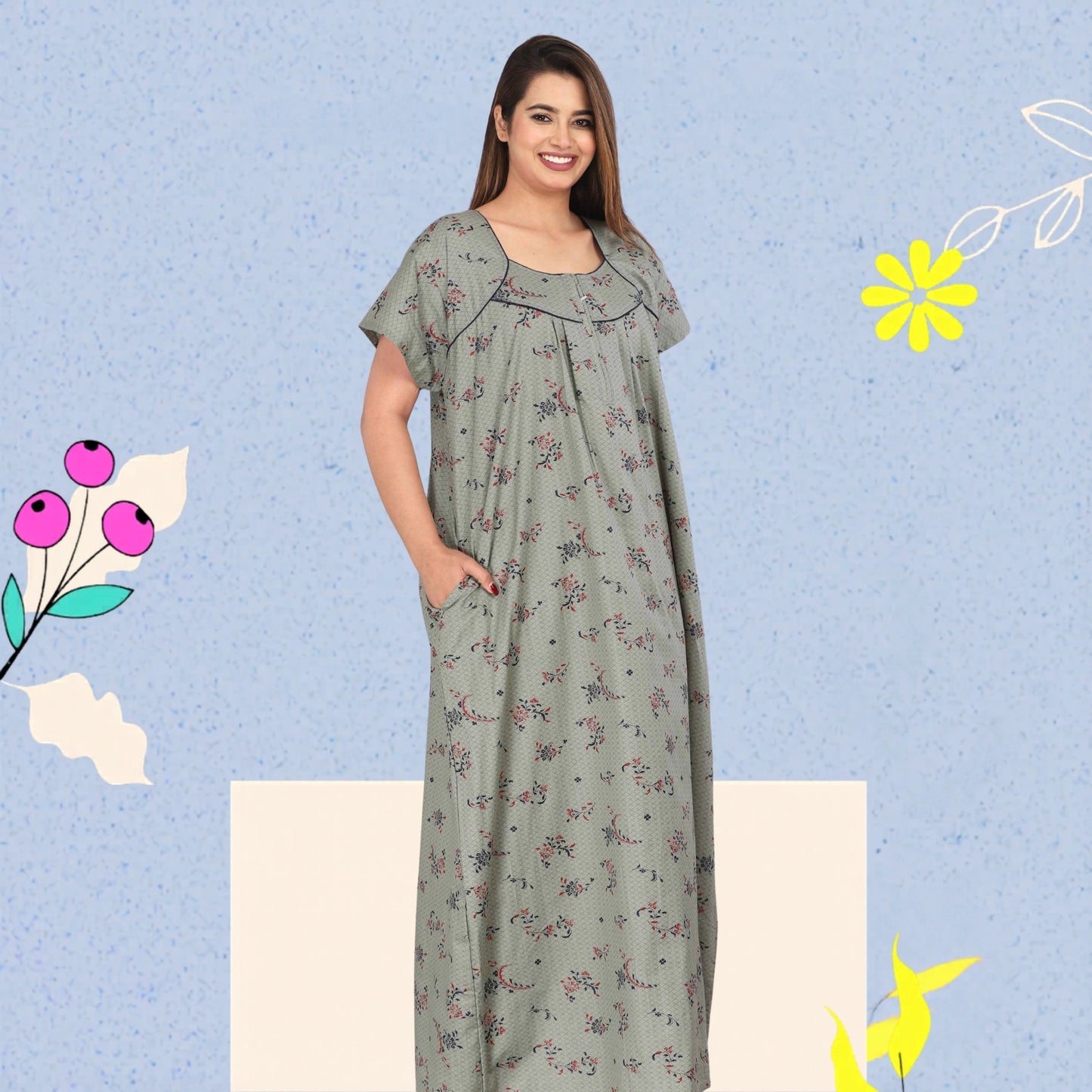 Women Cotton Floral Print Short Sleeve Nightgown With Side Pocket,(Free Size, Cardamom Grey)