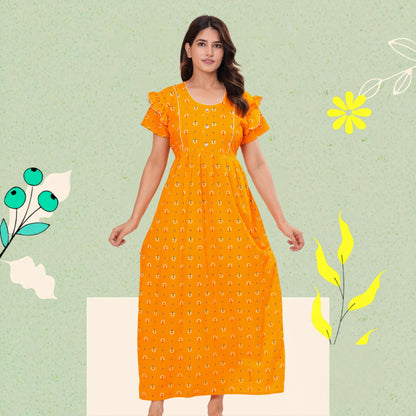 Frock Style Cotton Nightgown for Women (Yellow, XL)