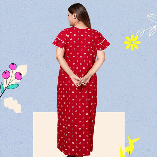 Deep Red Pure Cotton Printed Nighty Maxi with Side Pocket | Soft & Breathable Women’s Nightgown