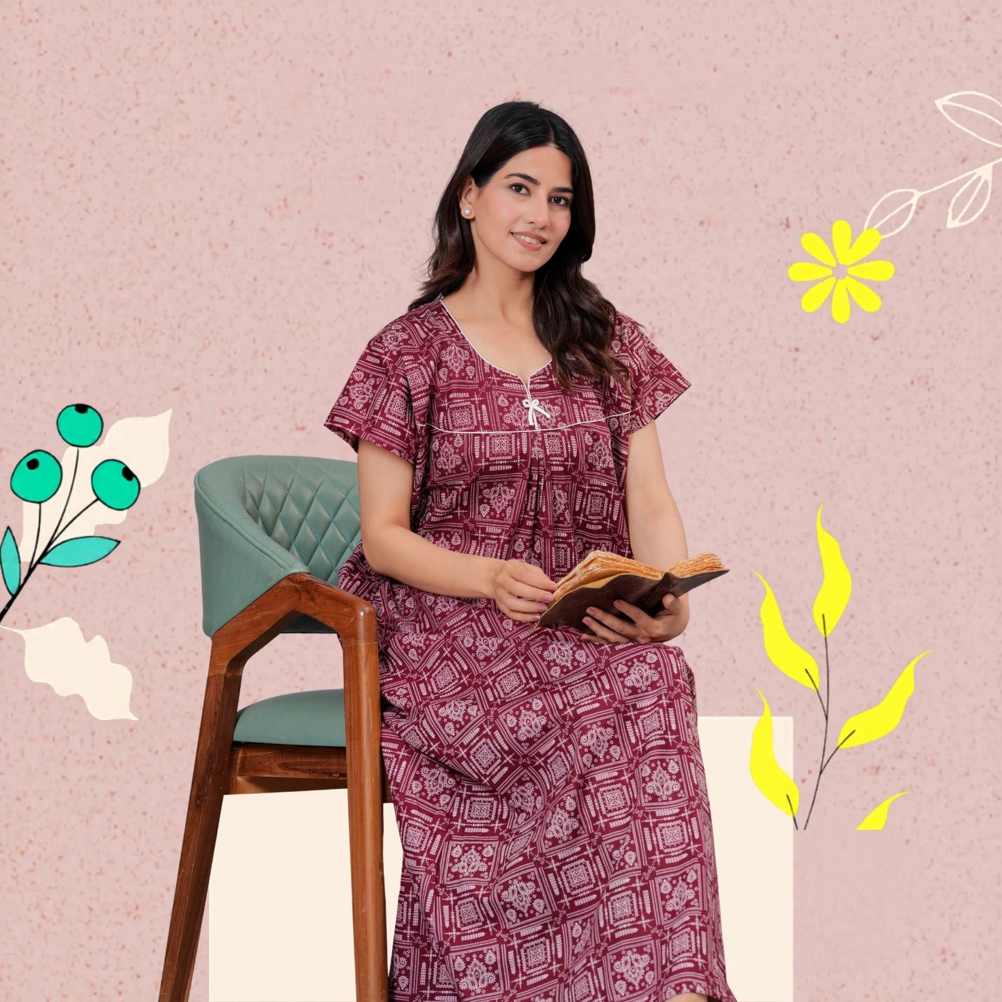 Women's Cotton Maxi Nighty, Geometric Print, Short Sleeve, Full Length Night Dress (MEGENTA, XL)