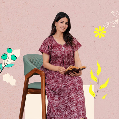 Women's Cotton Maxi Nighty, Geometric Print, Short Sleeve, Full Length Night Dress (MEGENTA, XL)