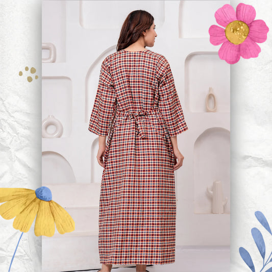HARGUN Women's Cotswool Square Check Nightgown – Light Brown Full Sleeve Winter Maxi