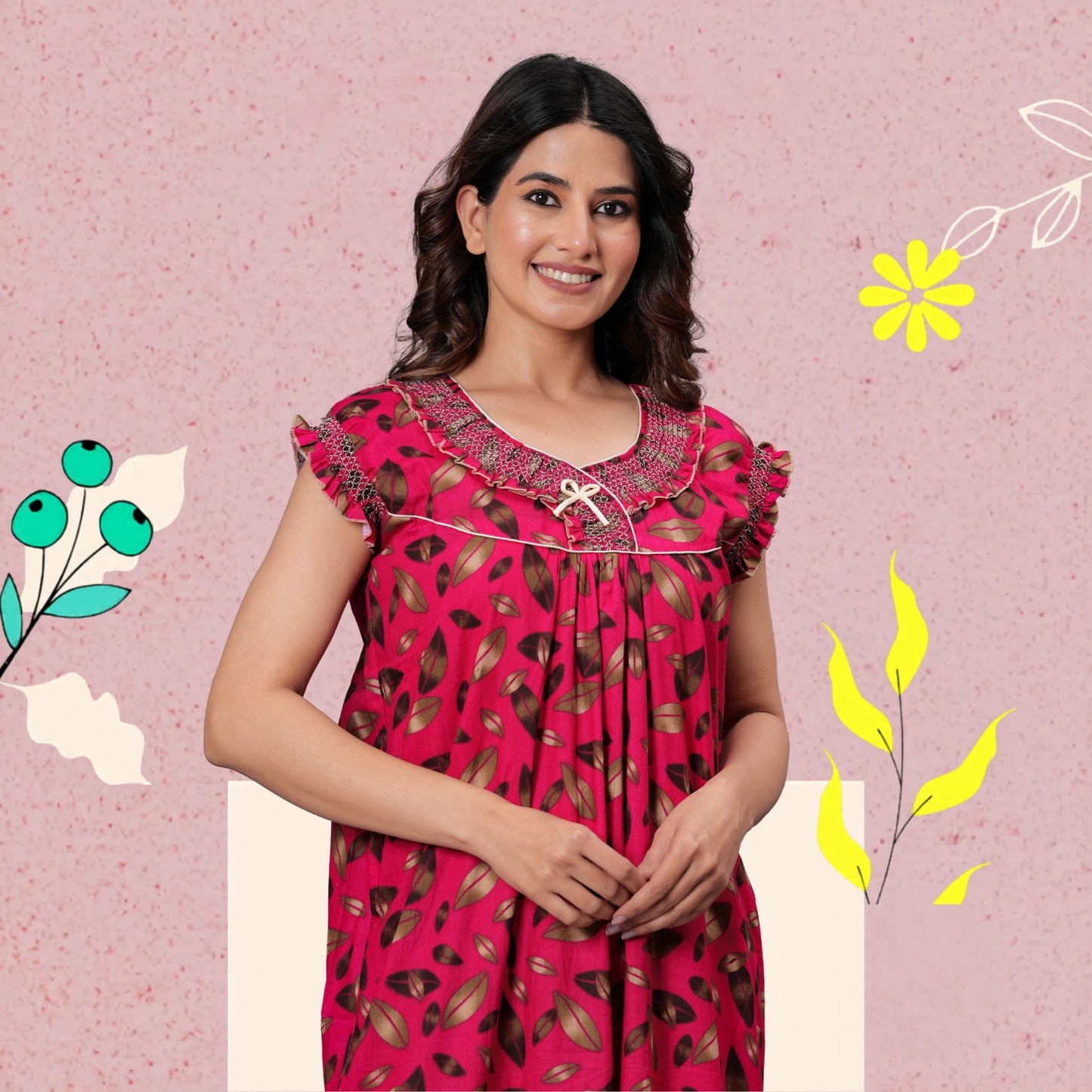 HARGUN NIGHT WEAR Women's Elegant Cotton Nightgown with Pocket & Embroidered Neck Design (Raani Pink, Free Size)