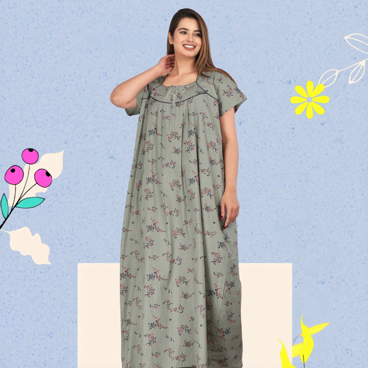 Women Cotton Floral Print Short Sleeve Nightgown With Side Pocket,(Free Size, Cardamom Grey)