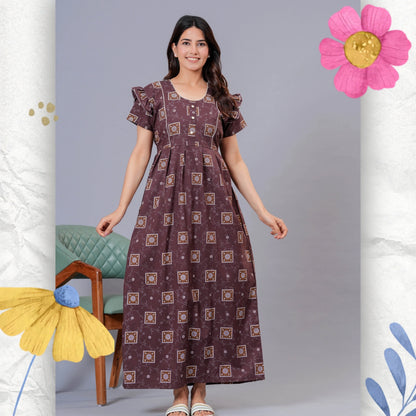 HARGUN NIGHT WEAR Women's Cotton Maxi Nighty, Printed, Ruffle Sleeves, Round Neck, All Day Comfort (Brown, XL)