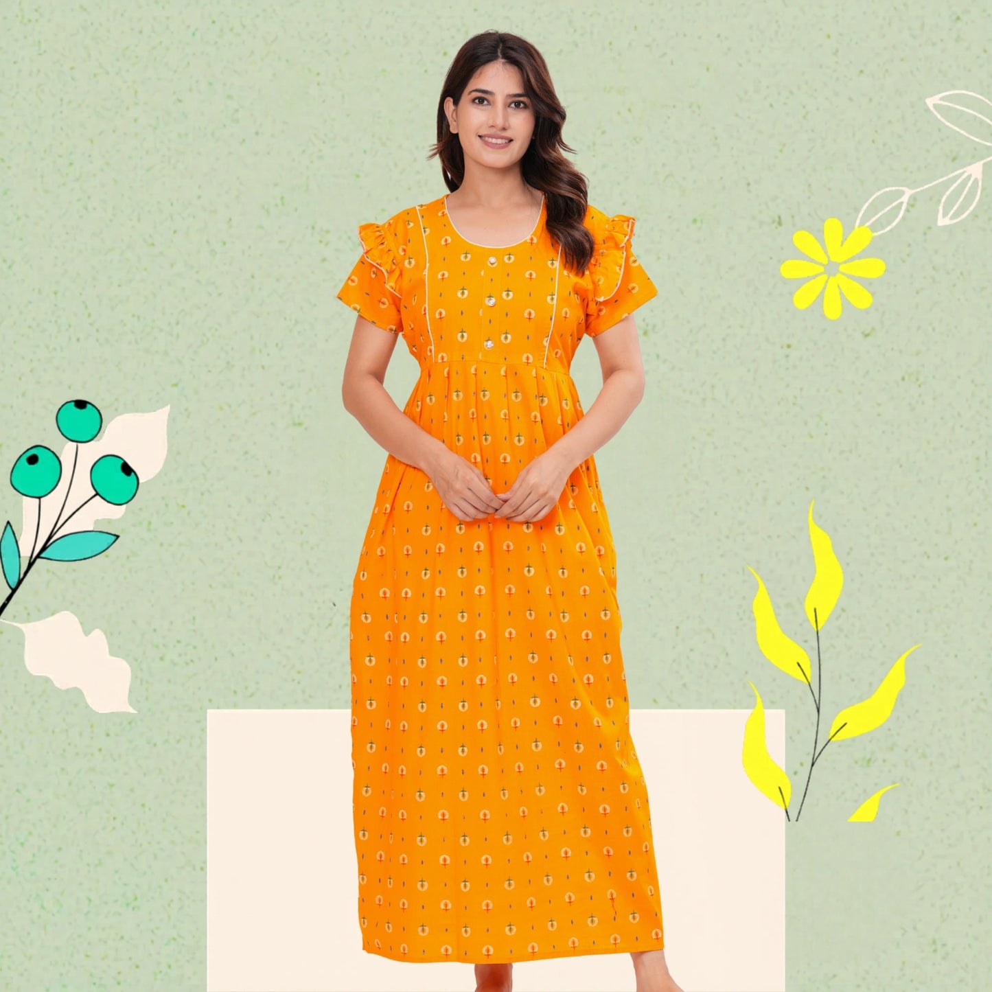 Frock Style Cotton Nightgown for Women (Yellow, XL)