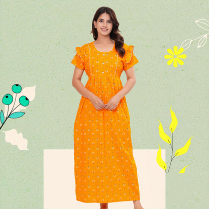 Frock Style Cotton Nightgown for Women (Yellow, XL)