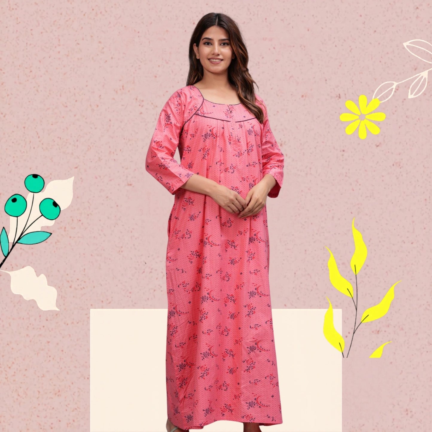 Cotton Full Sleeves Nightgown for Women(Baby Pink, XL)
