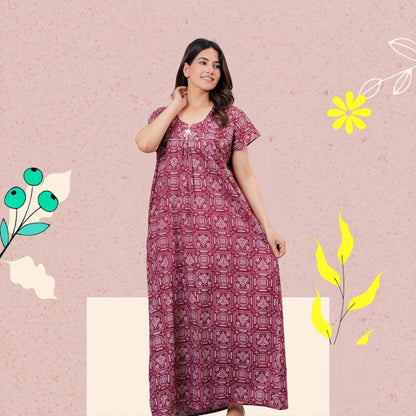 Women's Cotton Maxi Nighty, Geometric Print, Short Sleeve, Full Length Night Dress (MEGENTA, XL)